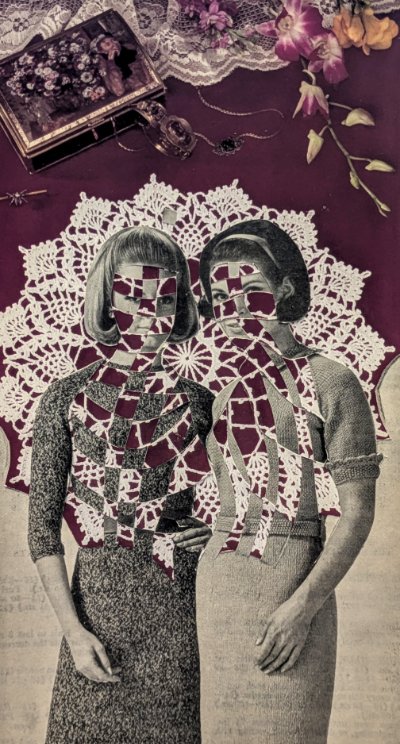 Black and white image of two women from the 1940s or 1950s. They have been fractured by a white doily interweaving through them. Purple flowers and a case are above them.